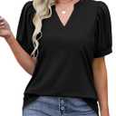 Women's Pleated Puff Sleeve Tops Summer V Neck Tunic Shirts Loose Curved Hem Blouses Dressy Casual, Size L, Black