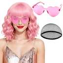 PLULON Pink Wavy Bob Wigs with Bangs Heart Sunglasses Hair Cap for Women, Colored Synthetic Hair Short Bob Loose Curly Shoulder Length Wigs for Costume Bachelorette Party Music Festival