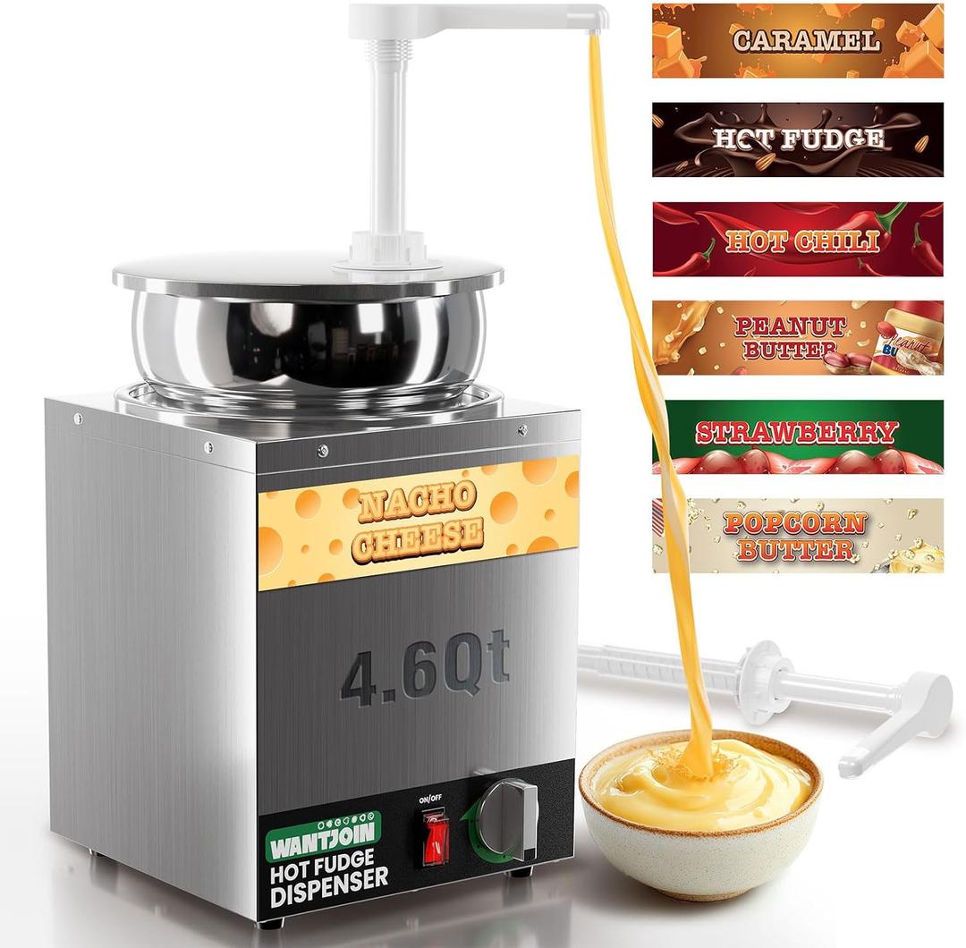 WantJoin Nacho Cheese Dispenser with Pump - 4.6Qt Nacho Cheese Warmer,Stainless Steel Hot Fudge Warmer W/5-Level Temperature Adjustment,Commercial Hot Fudge Dispenser for Hot Fudge Cheese Caramel
