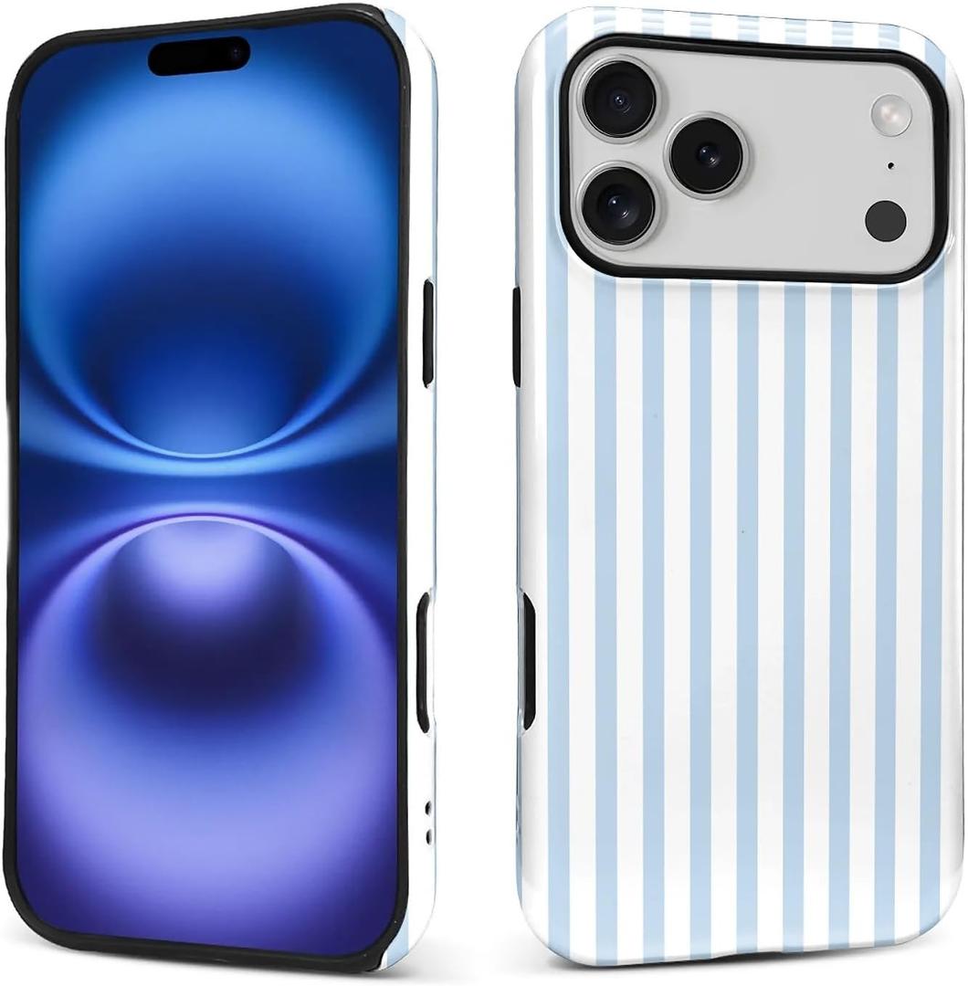 Compatible with iPhone 17 Pro Max Case,Glossy 2-in-1 Sleek All-Inclusive Dual-Layer Material Soft TPU + PC Back for Blue Stripes Geometric Pastel Summer Beach