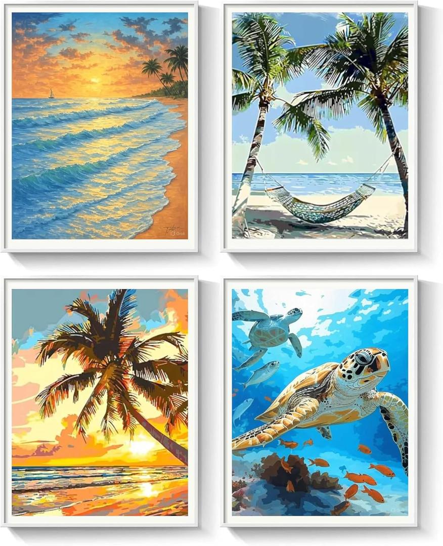 4Pcs Tropical Beach Digital Paint by Numbers Kits, 12x16inch Palm Tree & Sea Turtle DIY Oil Painting Sets for Adults & Kids, Relaxing Art Craft for Home Decor Gifts (Coastal)