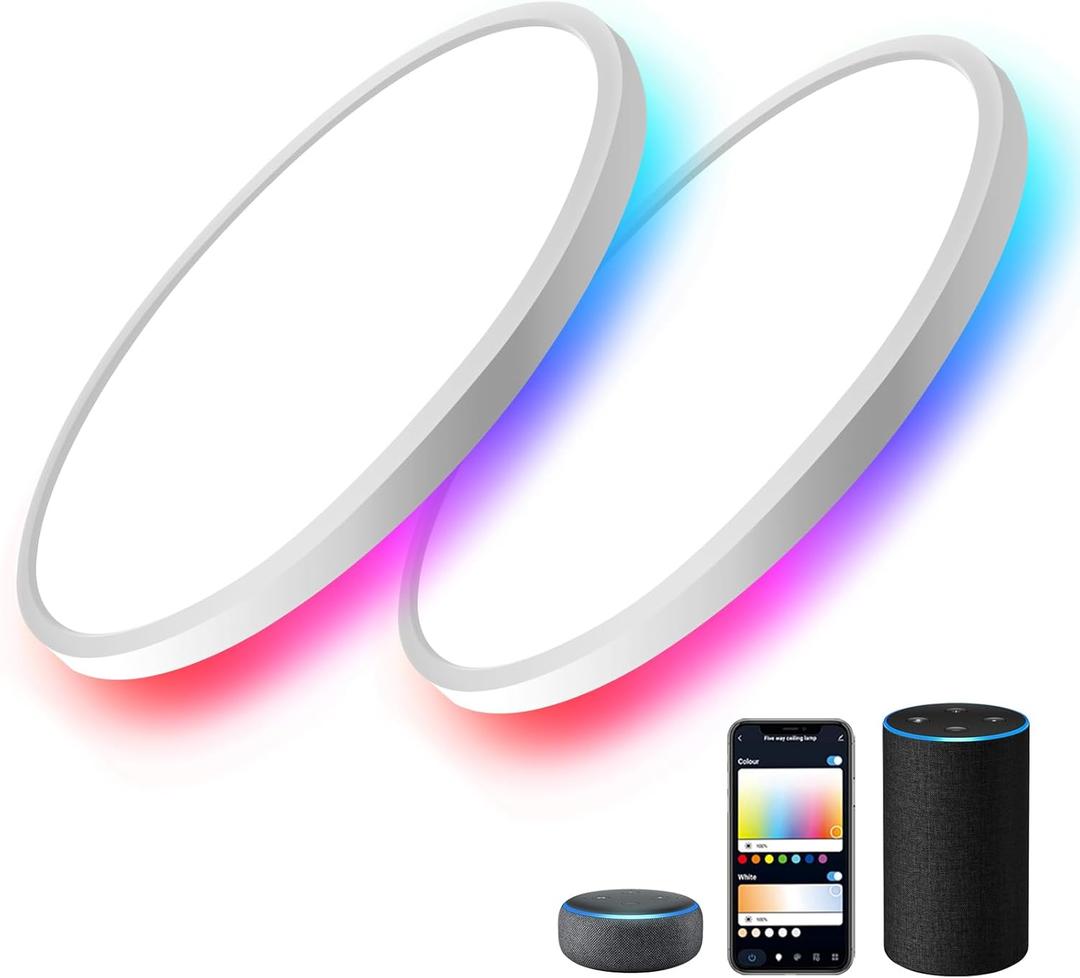 MELEGAN 2 Pack RGB Smart Ceiling Light, Super Slim LED Flush Mount Ceiling, WiFi Compatible with Alexa Google Home,12-Inch 24W Dimmable 2700K-6500K for Bedroom, Kitchen, Dining Room, Basements