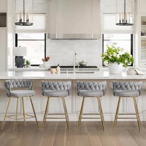 VECELO Bar Stools Set of 4, Counter Height Bar Stools, 26 inch Seat Barstools with Woven Back and Footrest for Kitchen Island Counter, Grey