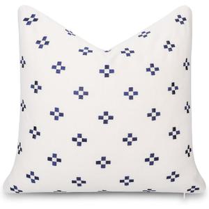 Crumbs Home California Casual Coastal Indoor Outdoor Throw Pillow Cover, 20"x20" Water Repellent for Patio, Backyard, Couch, Poolside, Neutral Navy Embroidered Small Squares