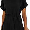 SHENHE Women's Casual Short Sleeve Round Neck Self Belted Straight Mini Dress (Medium, Black)