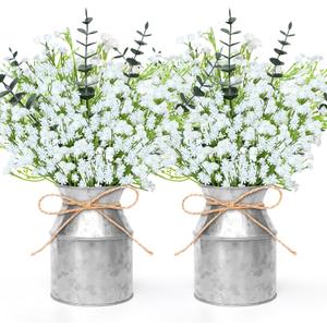 2 Pack Babys Breath Flowers Mason Jar Table Centerpiece, Artificial Babys Breath Flowers Eucalyptus Leaves Stems Faux Silver Dollar Bouquets for Summer Farmhouse Table Centerpiece Home Wedding Decor