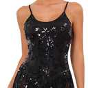 ODIZLI Women Sparkle Sequins Fringe Tassel Leotard One Piece Bodysuit Latin Dance (X-Small, Black)