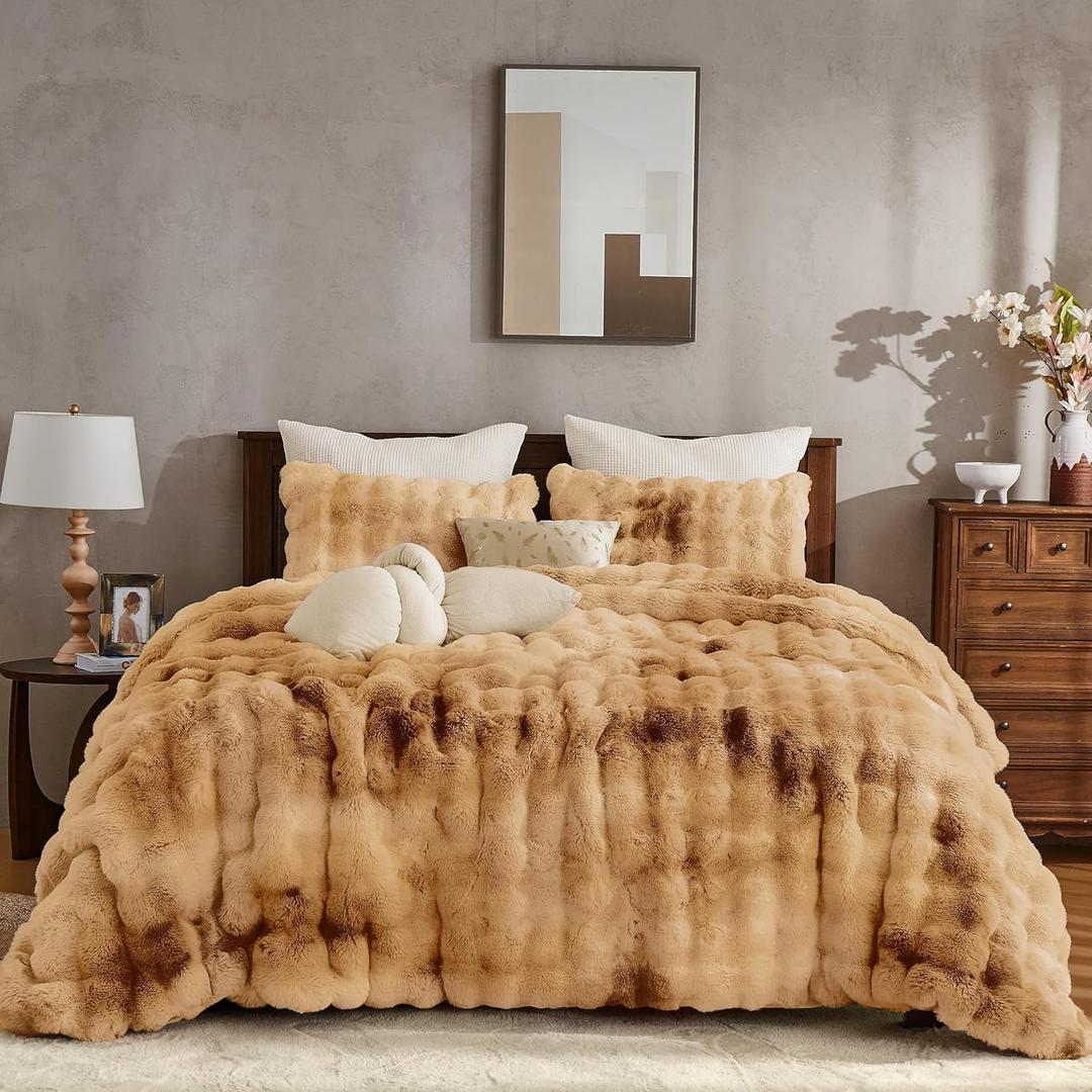 Wonderful 3 Pieces Fluffy Faux Rabbit Fur Bubble Comforter Set King Size, Tie-Dyeing Caramel Plush Fuzzy Bedding Set, Warm Soft Bubble Comforter Bedding Set for Winter, Tie Dye-caramel, King