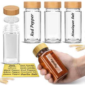 Glass Spice Jars with Bamboo Airtight Lids - (4 Pack) - 4 oz Square Spice Bottles with Shaker Lids - Clear Empty Shaker Seasoning Jars with Preprinted Spice Jars Labels for Spice Rack, Drawer, Cabinet Glass Spice Jars with Bamboo Airtight Lids - (4 Pack) - 4 oz Square Spice Bottles with Shaker Lids - Clear Empty Shaker Seasoning Jars with Preprinted Spice Jars Labels for Spice Rack, Drawer, Cabinet