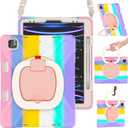 BRAECN Case for iPad Air 13 Inch M3 2025/ M2 2024 & iPad Pro 12.9 6th/5th/4th/3rd Gen: Military Grade Silicone Protective Cover w/Pencil Holder, Kickstand, Swivel Handle, Shoulder Strap, Colorful Pink