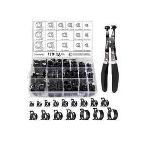 Toolwiz 130Pcs 6-25mm Spring Band Hose Clamp Assortment with Swivel Clamp Pliers, Constant Tension Radiator Hose Clamps, Black Hose Clips for Fuel Line, Silicone Vacuum Hose, Air Tube, Water Pipe