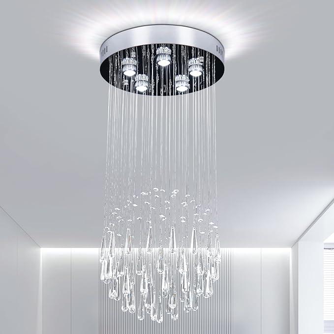 Modern Crystal Chandelier for High Ceilings K9 Crystal Raindrop Flush Mount Chandeliers 5-Lights Gorgeous Pendant Lighting for Living Dining Room Hallway Staircase, 400CM-MP086 Modern Crystal Chandelier for High Ceilings K9 Crystal Raindrop Flush Mount Chandeliers 5-Lights Gorgeous Pendant Lighting for Living Dining Room Hallway Staircase, 400CM-MP086