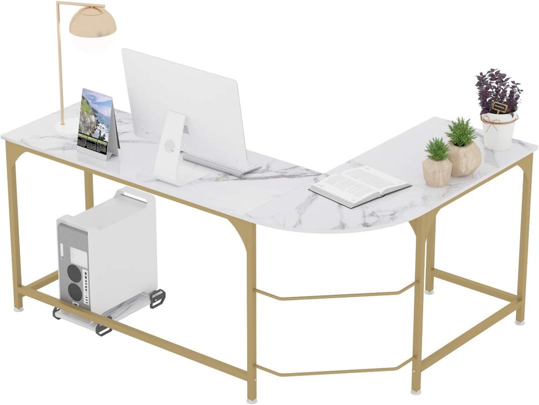 Teraves Reversible L Shaped Desk White - 66.1" Corner Gaming Computer Desk, Office Workstation Modern Home Study Writing Table, Marble Gold