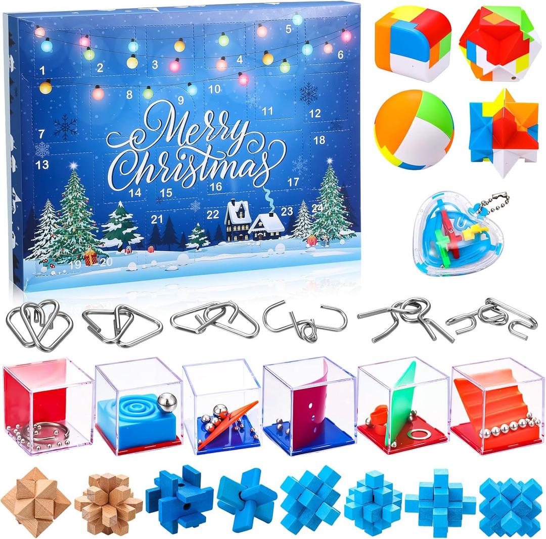 Leitee Brain Teaser Advent Calendar 2025 Metal & Wood 24 Days of Christmas Countdown Calendar Gift Brain Teaser Puzzles Metal Wire Puzzles IQ Test Challenge for Teens Adults