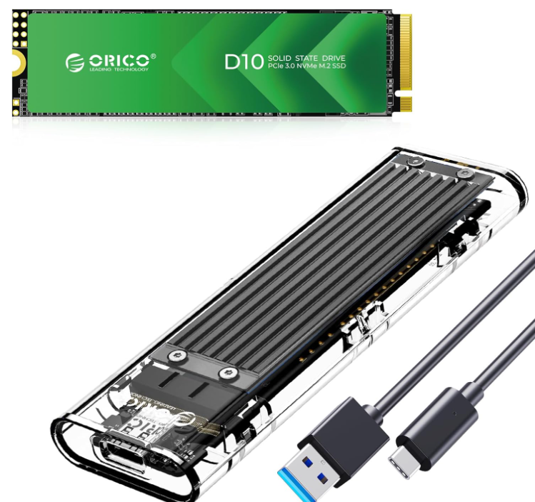 ORICO D10 1TB M.2 NVMe SSD and TCM2 USB 3.2 Gen 2 Transparent NVMe SSD Enclosure (Black) Bundle for High-Speed External Storage