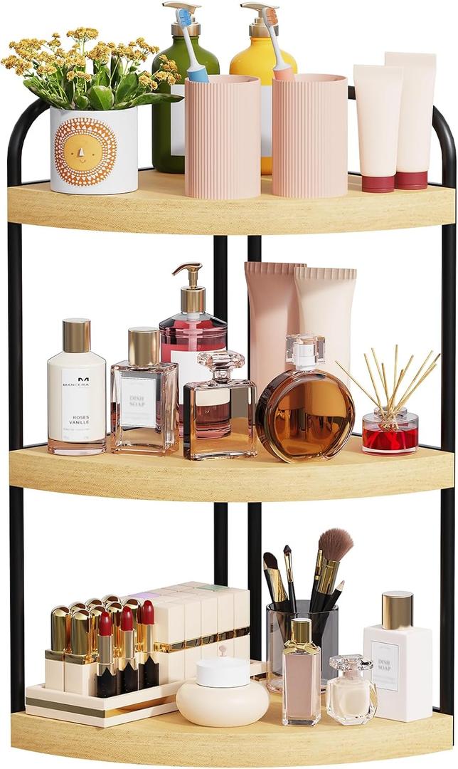 Abiglifty Corner Bathroom Counter Organizer, No Drill 3-Tier Corner Shelf Bathroom Counter, Space-Saving Countertop Organizer, Corner Counter, Vanity Organizers (Wood Grain)