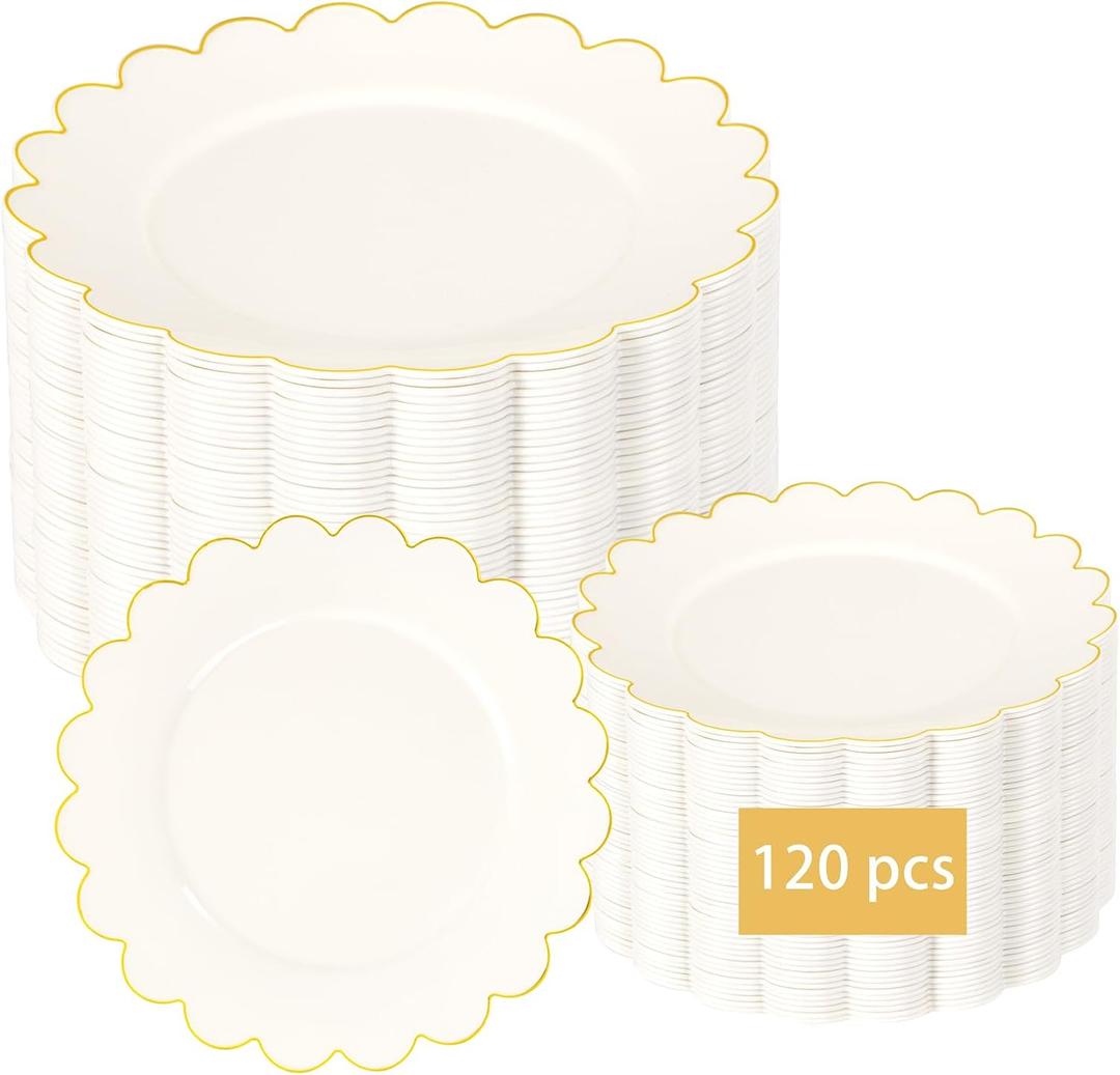 LIYH 120 Pcs Ivory Scalloped Plastic Plates Disposable - Ivory and Gold Plastic Plates - Gold Fancy Disposable Party Dinner & Dessert Plate for Wedding Birthday