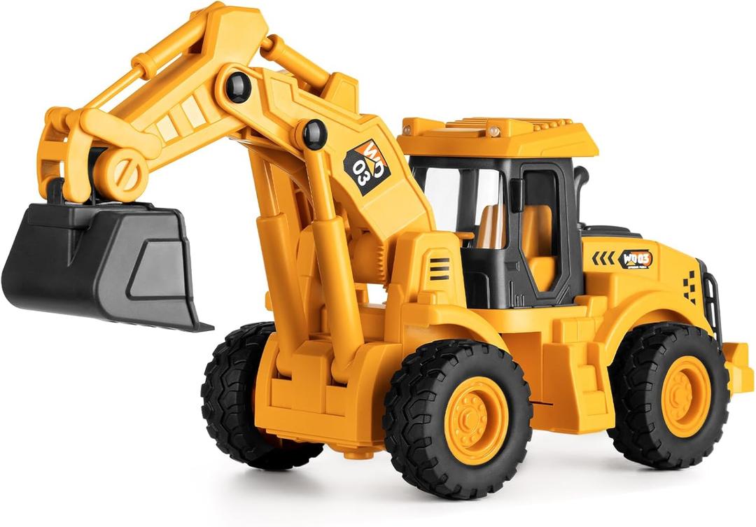 11" Excavator Toy, 1: 18 Scale, Rolling Wheels Inertia-Powered, Heavy Duty Plastic, with Lights & Rumbling Action, Working Boom Indoor/Outdoor Sandbox Vehicle for Ages3+