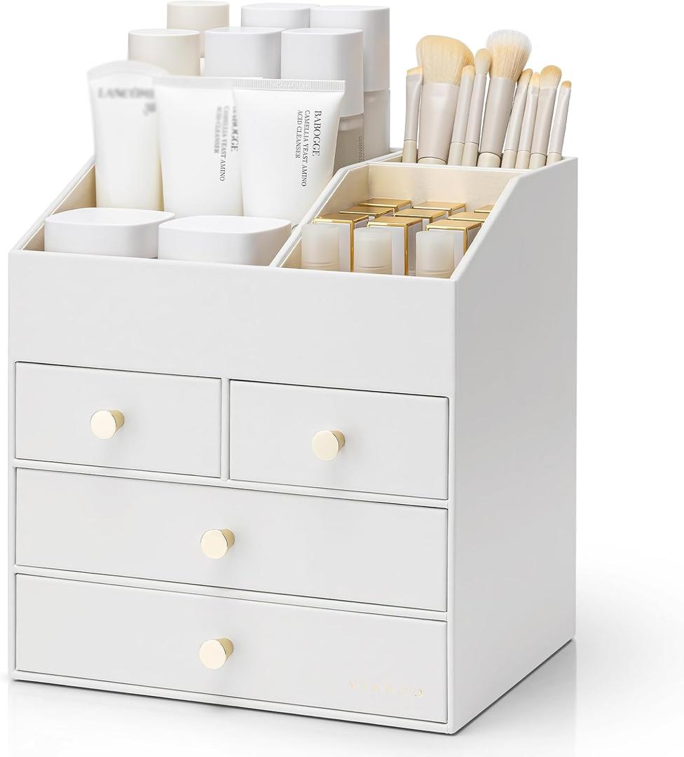 VLANDO Makeup Organizer Countertop,Large Vanity Organizer PU Leather Make up Storage with 4 Drawers Skin care Organizer Cosmetic Display Case for Lipstick,Brushes,Bedroom-White