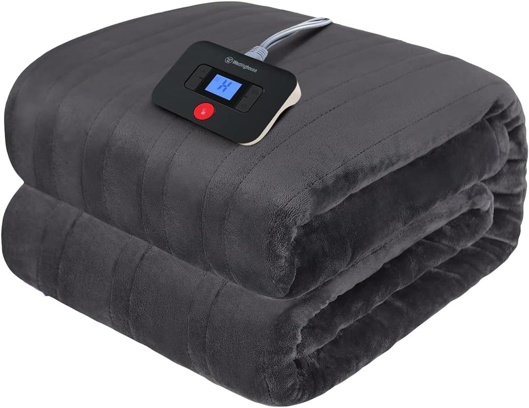 Westinghouse Electric Blanket Full Size, Super Cozy Soft Flannel 80"" x 84"" Heated Blanket with 10 Fast Heating Levels & 1-12 Auto-Off, Machine Washable, ETL&FCC Certification, Charcoal