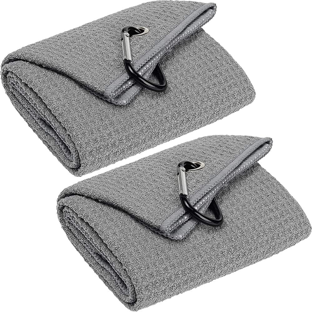 VIVIDLY 2 Pack 16" x 24" Tri-fold Golf Towels, Premium Microfiber Fabric Waffle Pattern with Gray Heavy Duty Carabiner Clip, Orange Golf Towels for Golf Bags for Men (Gray)