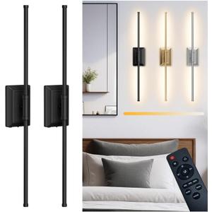 Battery Operated Wireless Wall Sconce - Modern Rechargeable Led Sconces in Black Gold Silver - Bedroom Decor Stick On Lights Set of 2 - Long Indoor Living Room Bathroom Remote Wall Light