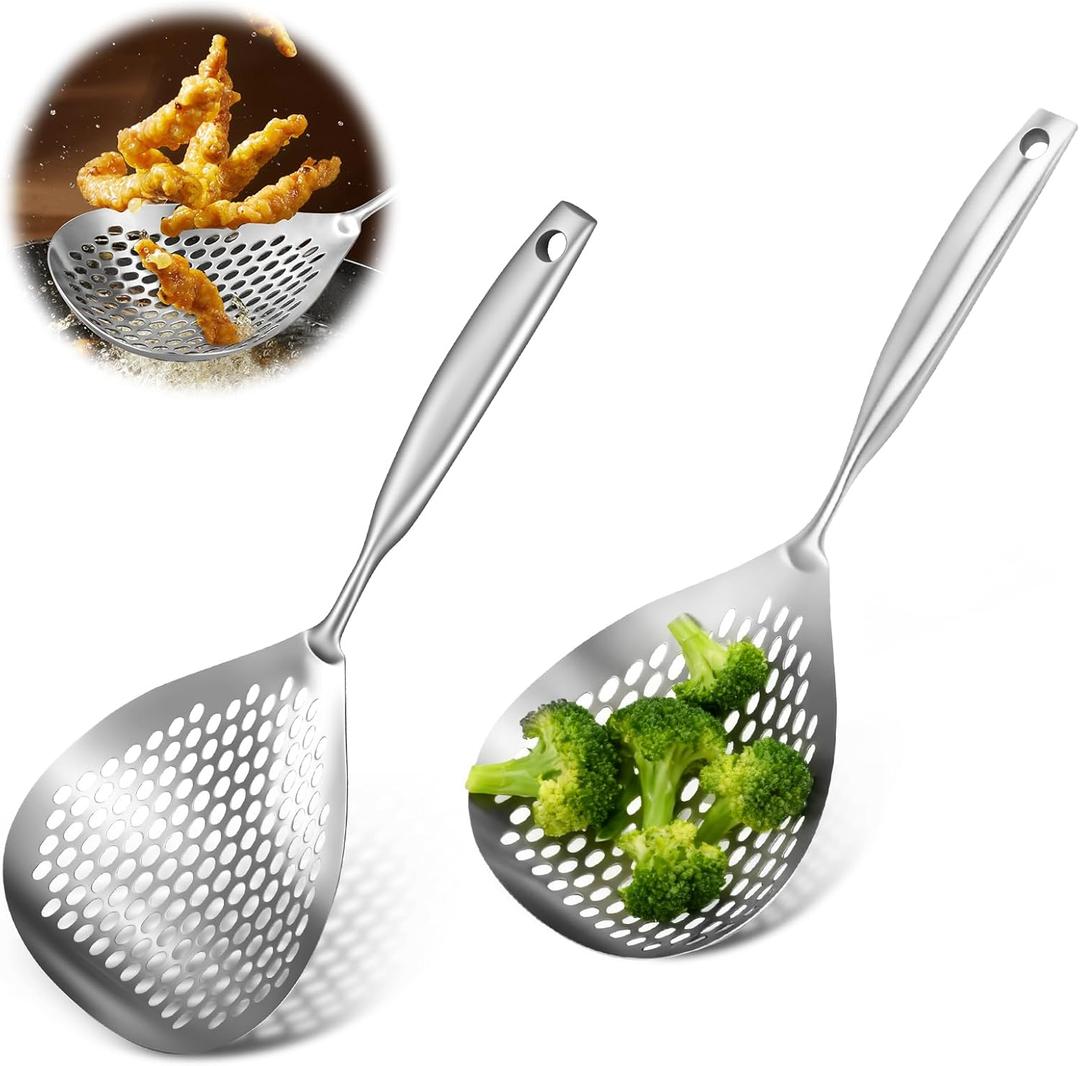 Slotted Spoon 304 Stainless Steel Skimmer Spoon with Long Handle Efficient Skimmer Ladle Multifunctional Strainer for Kitchen Frying Cooking Draining (Silvery 2pcs)