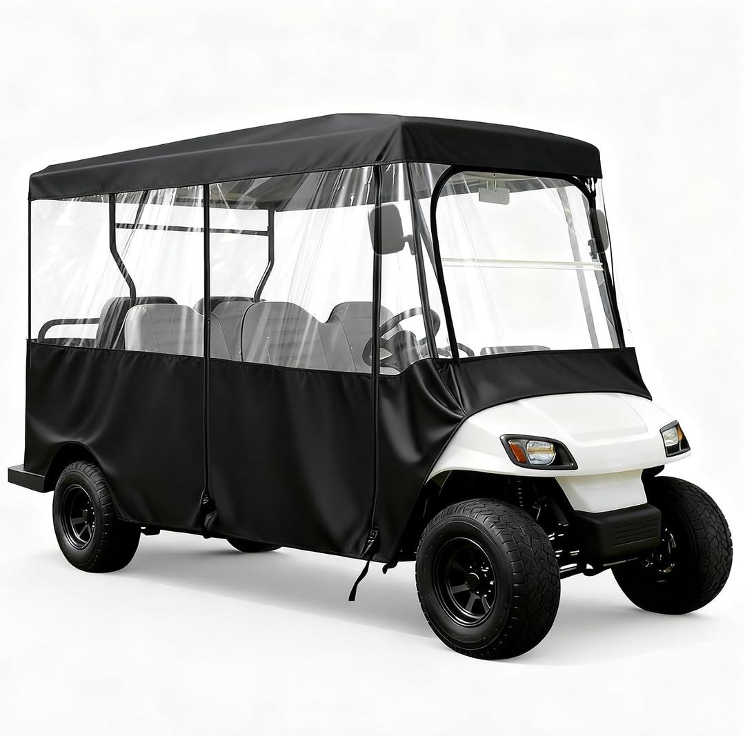 6 Passenger Golf Cart Enclosure for 119 Inch Roof, 600D Waterproof Golf Cart Cover with Clear PVC Windows, Roll Up Doors, Wind Resistant All Weather 6 Seater Enclosure