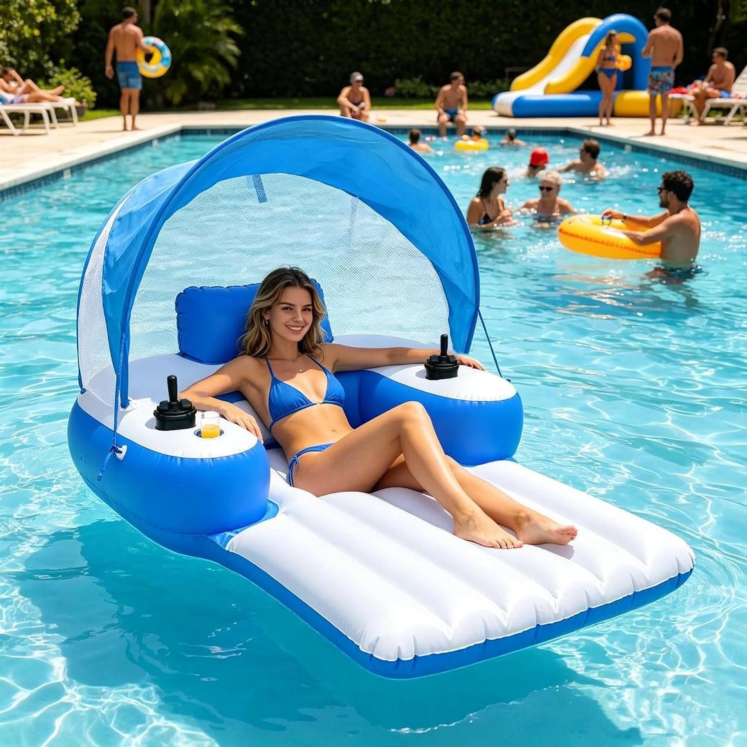 Motorized Pool Float with Canopy, XL Inflatable Chair Lounge Floaties with Adjustable Sun Shade Cover, Rechargeable Dual Motor Electric Lounge Raft for Pool & Lake