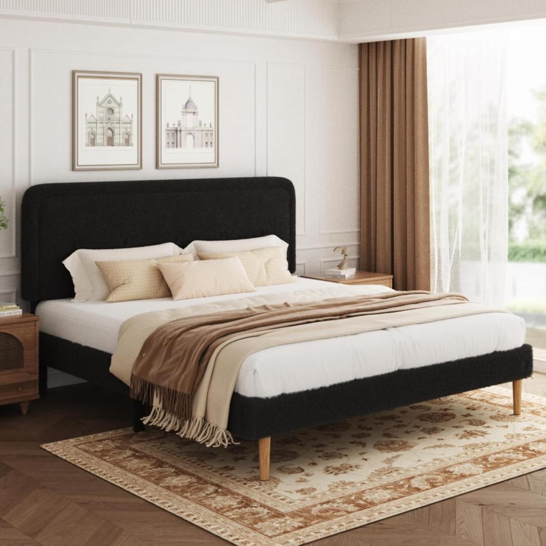 King Size Boucle Bed Frame, Upholstered Platform Bed Frame with Adjustable Headboard, Anti-Collision Soft Rounded Corners, No Box Spring Needed, Easy Assembly, Noise Free, Dark Grey