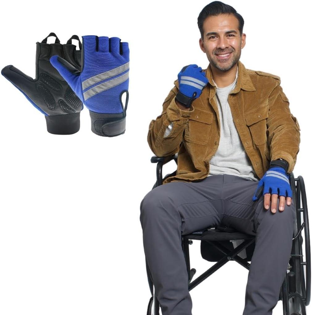 Inspired Comforts Wheelchair Gloves Fingerless Full Thumb with Anti-Slip Grip, Breathable & Reflective (Small, Black/Blue)