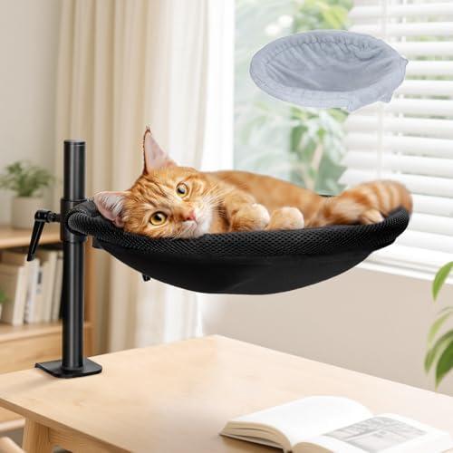 Topmart Cat Desk Bed with 360° Rotating & Adjustable Height, Cat Hammock for Desk with 2 Washable Pads, Easy to Install, Kittens Bed for Desk Attachment for Home Office,Up to 45LBS, Grey & Black