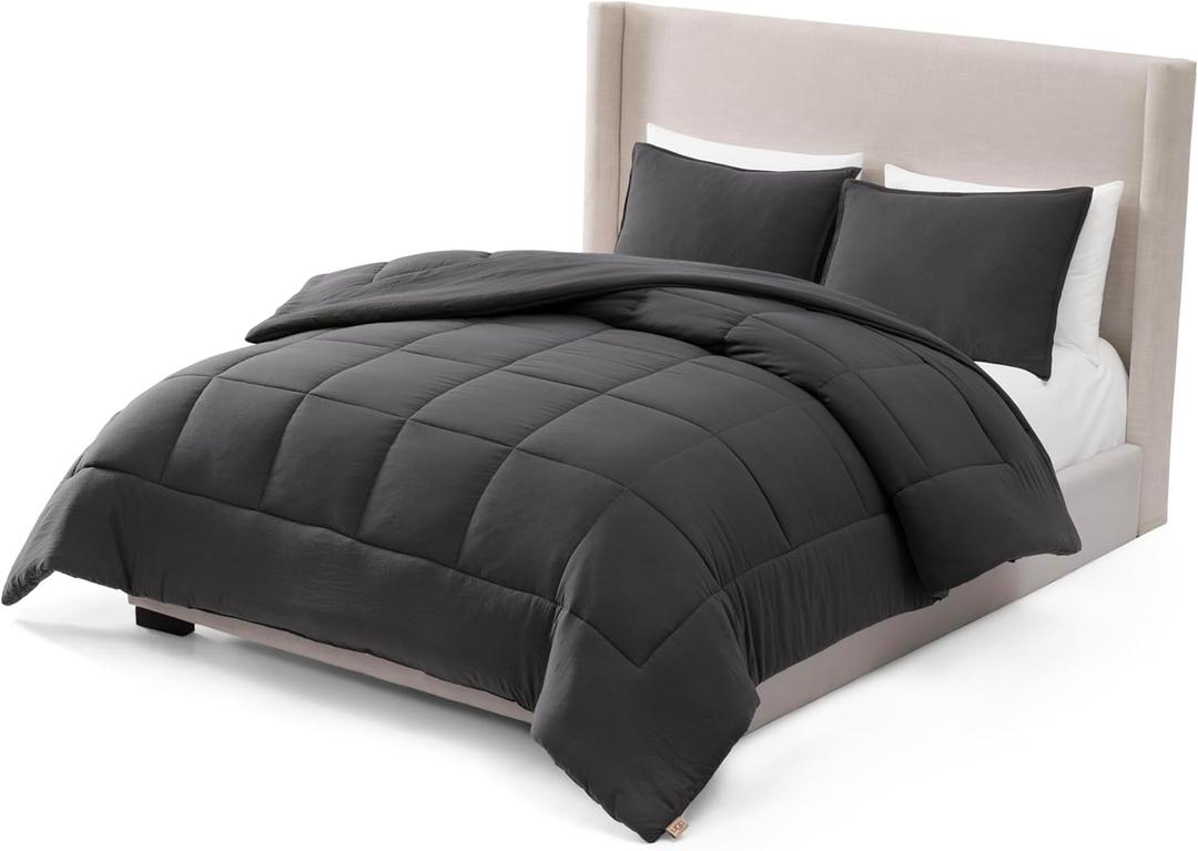 UGG Full/Queen Comforter Set with 2 Pillow Shams, Lightweight Down Alternative Blanket, Reversible Cozy Warm All Season Washable, Hypoallergenic Bedding Set, Charcoal Grey (Leonora)