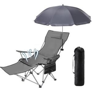 2 Pack Karenhi Beach Camping Chair with Umbrella for Adult Folding Reclining Camping Chair with Foot Rest Adjustable Clamp Canopy Shade for Outdoor Patio Beach Travel(Black)