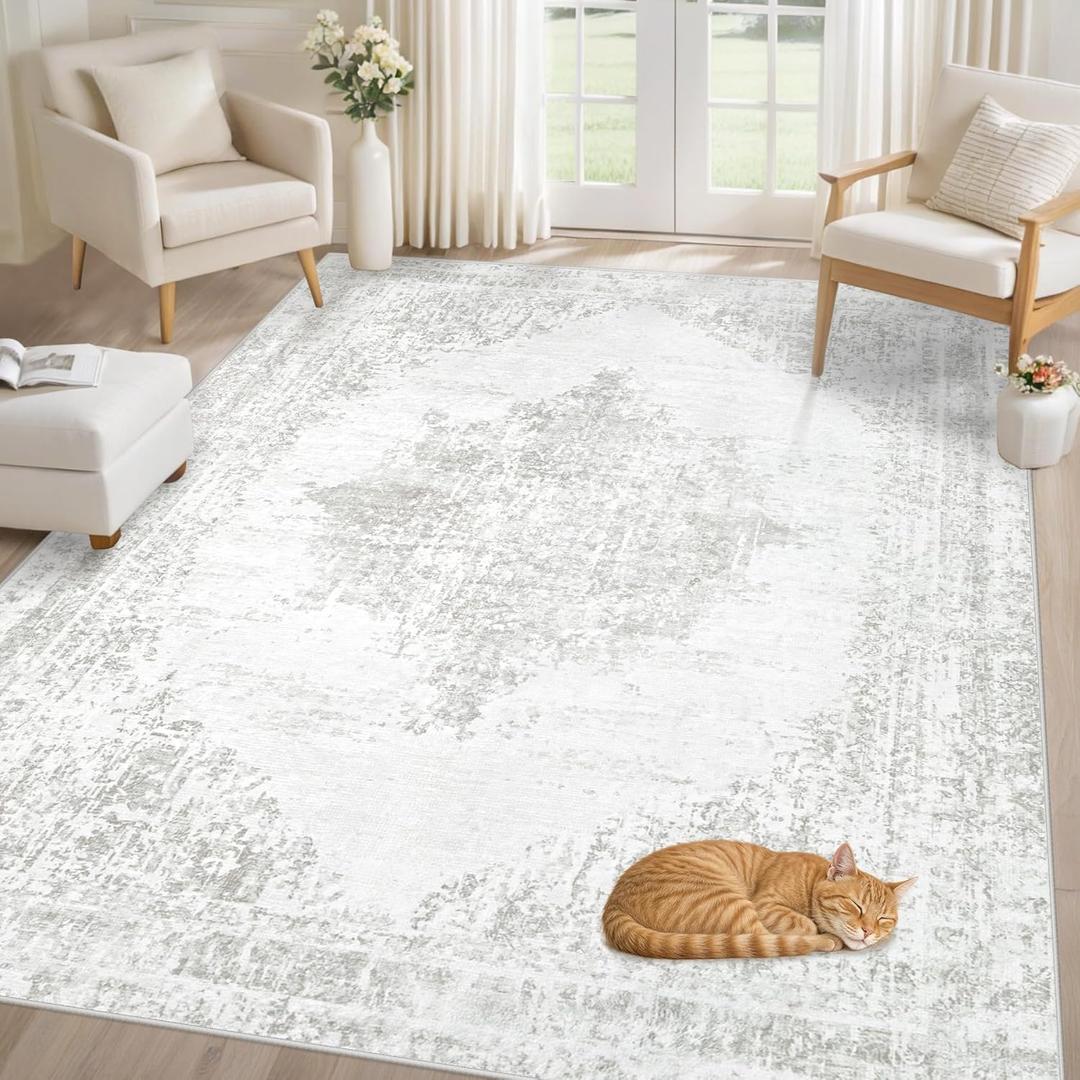 5x7 Area Rugs for Living Room: Washable Rug Vintage Rugs with Non-Slip Backing Low Pile Indoor Retro Carpet for Bedroom Dining Room Home Office (Grey, 5' x 7')