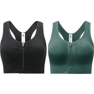 Zip Front Sports Bra for Women - Medium Support Racerback Workout Bra with Removable Pads & Double Hooks (X-Large, Black Green)