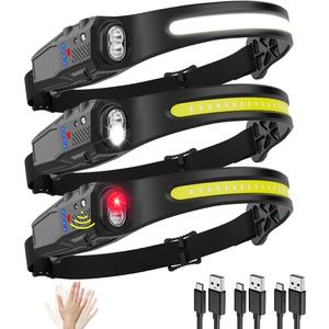 Headlamp Rechargeable 3Pack, 230 Wide Beam LED Headlamp, 7Mode Headlamps for Adults, Head Lamp with Motion Sensor, Red Light Head Lamps LED Rechargeable, Head Lights for Forehead Running Camping