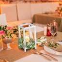 Geelin 12 Set 10.59'' White Wooden Lanterns for Wedding Centerpieces Include 12 Wooden Lantern 12 LED Candle 12 Eucalyptus Leaves Wreath for Wedding Baby Shower Farmhouse Table Decor