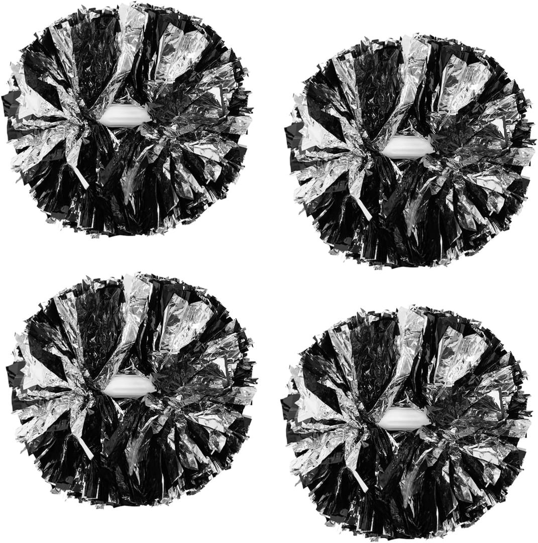 4Pcs Metallic Cheerleading Pom Poms, Creatiee 2 Pair Cheerleader Cheering Squad Pompoms for School Sports Dance Games Team Spirit Cheer (Black-Silver)