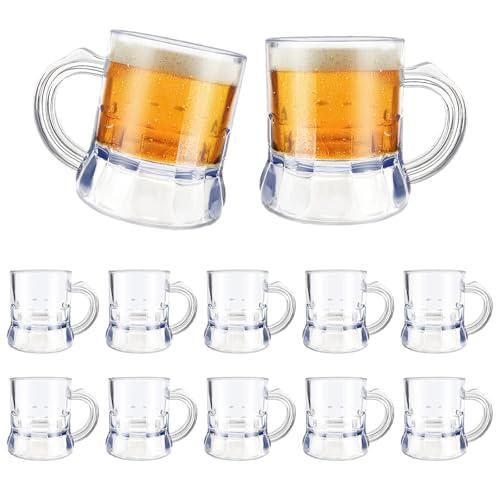 ZZYFGH 12 Pcs Mini Plastic Beer Mugs, 1 Oz Clear Plastic Shot Glasses Beer Mug with Handles, Reusable Beer Stein Tasting Glasses for Beer Fest, Birthday Weddings Party Supplies, BBQ and Picnics