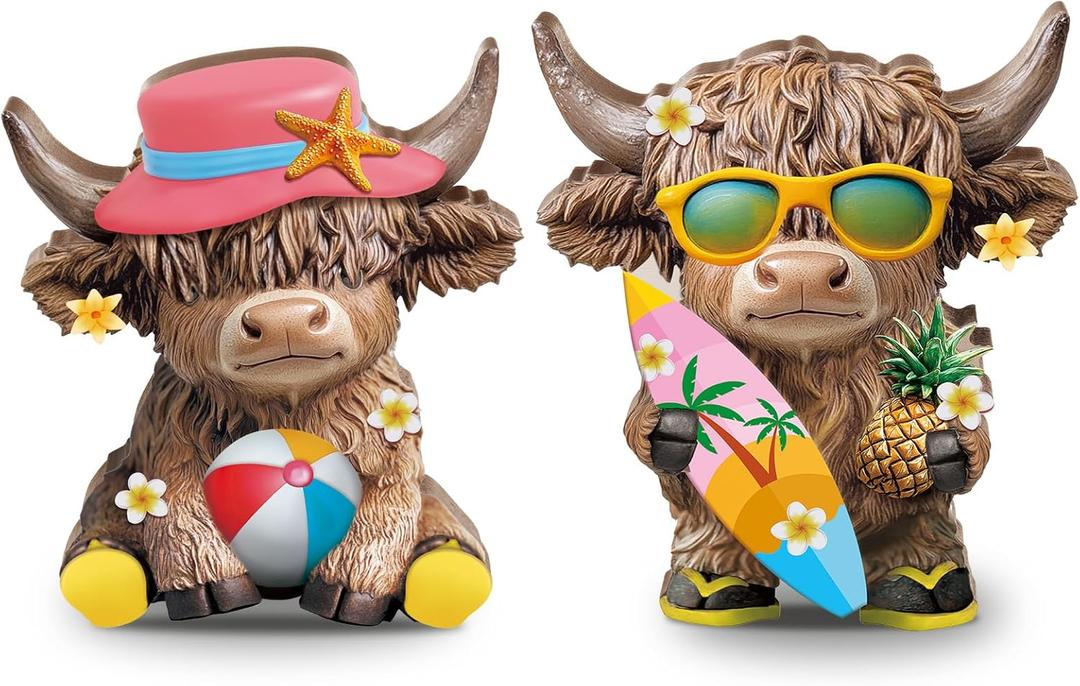 Bucherry 2 Pcs Summer Highland Cow Figurines Wooden Beach Gnomes Statue Calf Lovers Gifts for Home Garden Kitchen Office Tiered Tray Table Decor(2 Pcs, Summer Highland Cow)