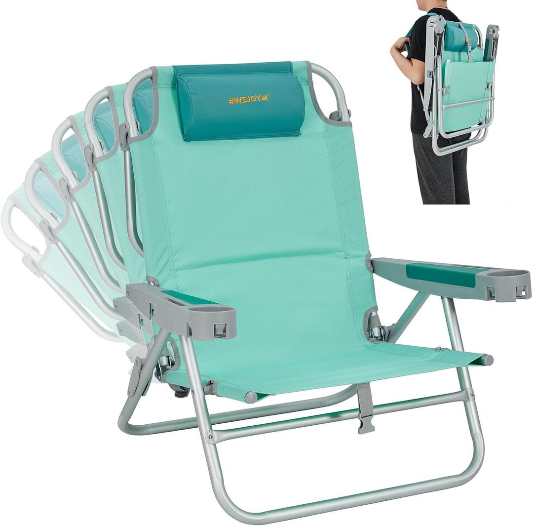#WEJOY Beach Chair with Backpack Straps, Heavy Duty Backpack Beach Chairs for Adults with 5 Positions, Lay Flat Chair with with Cup Holder Pillow, Support to 300LBS, Cyan