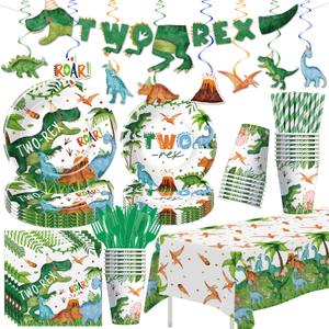 Dinosaur 2nd Birthday Party Supplies For Boy, Dino Two Rex Birthday Decorations, Disposable Paper Plates, Cups, Napkins, Tablecloth, Cutlery, Swirls, Banner, Serves 24