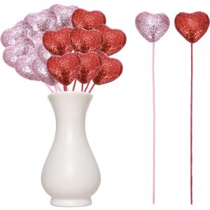 MECCANIXITY 24 Pcs Glitter Heart Shaped Picks Puffy Foam Hearts Floral Sparkly Stick for Valentine's Day Wedding Decor Home Vase Supplies Flower Arrangements Crafts (Red/Pink, 4cm x 22cm)