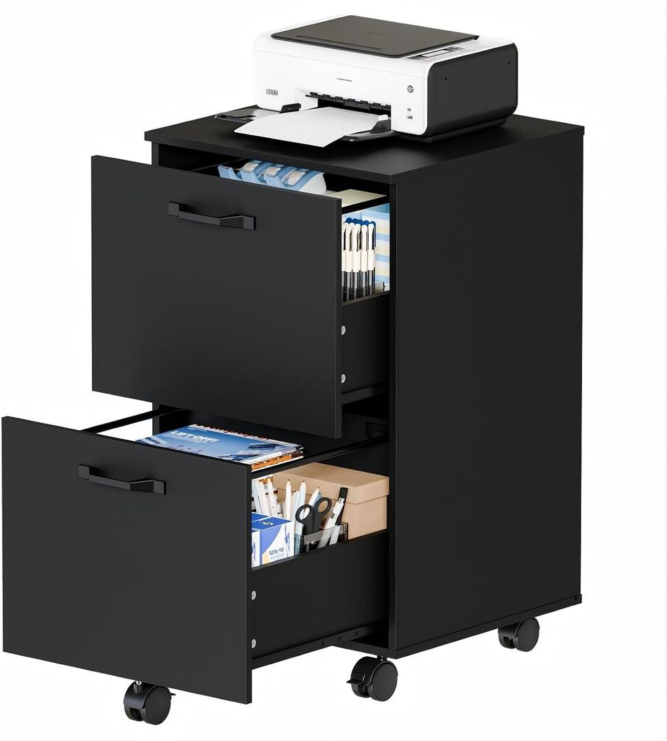 DUMOS 2 Drawer Storage Cabinet, Rolling Under Desk Storage, Black, 16.5''W x 15.7''D x27.6''H