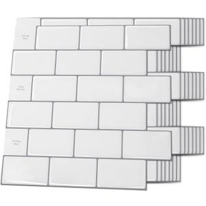 Art3d Backsplash Tile for Kitchen Peel and Stick, 10-Sheet Stick on Subway Tiles for Kitchem, Bathroom Back Splashes, 12"x12", Warm White with Gray Grout