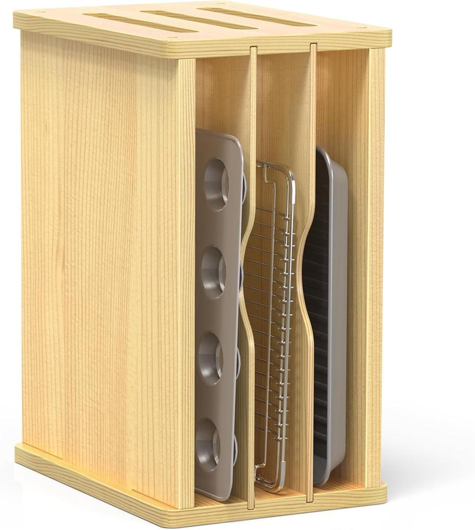 4 Tier Wooden Tray Dividers for Cabinets, Kitchen Vertical Baking Sheet Organizer, Storing Pans, Baking Trays, Cutting Board (16.7" W x 8.9" H x 12.4" D)