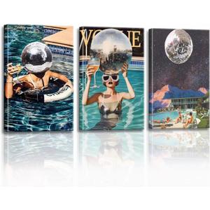 Godont Summer Blue Pool Hot Girls Disco Ball Posters Blue Pool Bikini Wall Art Retro Cocktail Wall Art Aesthetic Paintings Girls Dormitory Canvas Decoration 12x16x3 Inches