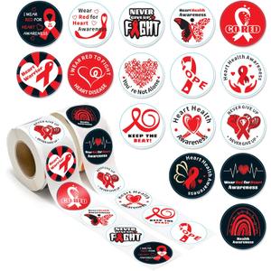 2 x 1000Pcs Heart Awareness Stickers,Wear Red Ribbon Week Stickers,Heart Disease Awareness Sticker forHeart Awareness Month Cards Envelopes Candy Roll Sticker.