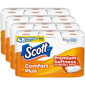 Scott ComfortPlus Toilet Paper, 48 Triple Rolls, 231 Sheets per Roll, Septic-Safe, 1-Ply Toilet Tissue